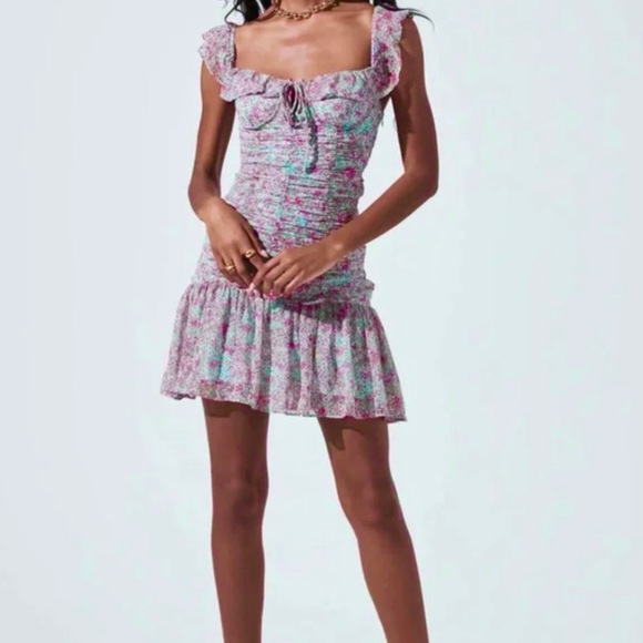 NWOT ASTR The Label Blue Floral Ruched Sweetheart Mini Dress - Picture 14 of 14